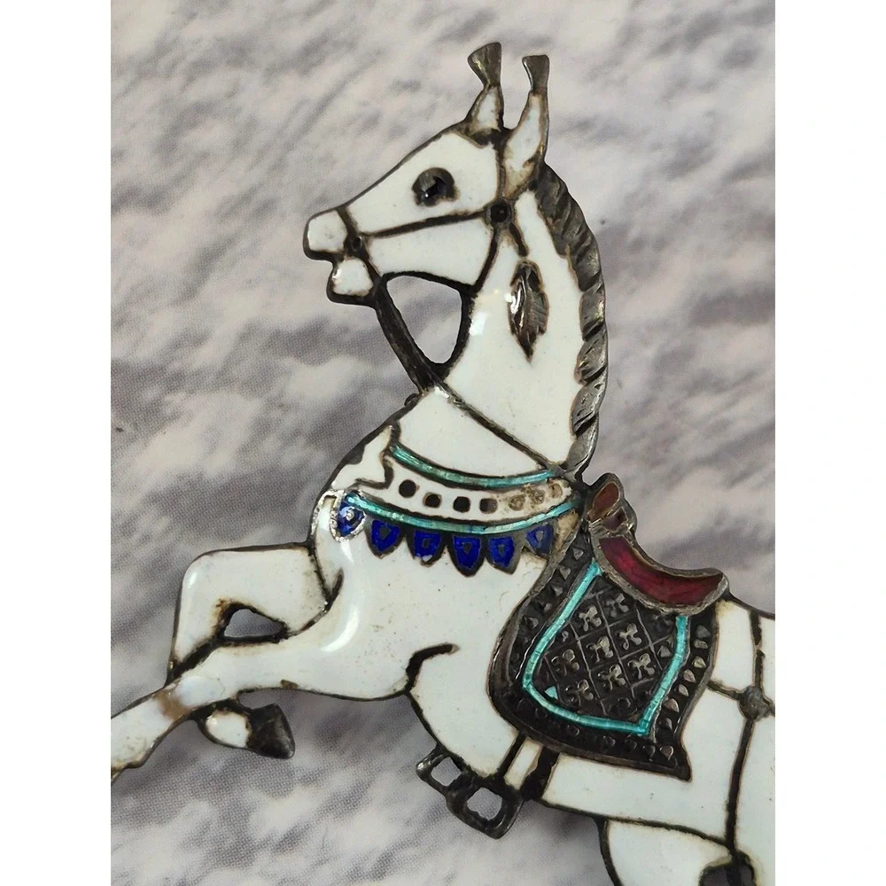 Vintage Siam Silver Enamel White Horse Equestrian Brooch Pin Sterling Silver